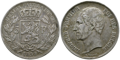 Бельгия 5 франков 1850 Леопольд I (1831-1865), точка над датой KM 17 серебро    00-1067-9-42