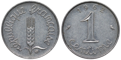 Франция 1 сантим 1962 пятая республика KM 928, Le Franc 106.4 нержавеющая сталь 4124-356