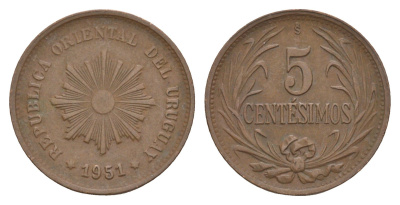 Уругвай 5 сентесимо 1951 KM 21a бронза 4629-1034