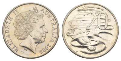 Австралия 20 центов 2008 Елизавета II (1952-2022), утконос KM 403 медно-никель 4385-551