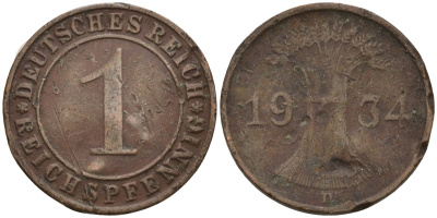 Германия 1 рейхспфенниг 1934 D KM 37, J. 313 бронза 4549-466