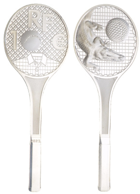 Франция 10 евро 2023 Французское мастерство - Лакост (Lacoste), в форме теннисной ракетки, в оригинальной коробке, с сертификатом, тираж 6.000 экземпляров KM 3246 серебро PROOF 00-00