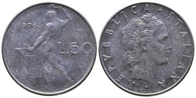 Италия 50 лир 1976 R, бог Вулкан у наковальни KM 95.1 нержавеющая сталь 3333-836
