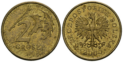 Польша 2 гроша 2000 MW KM 277, Parchimowicz 702g латунь 4136-766