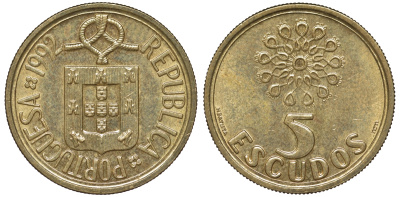 Португалия 5 эскудо 1992 KM 632 никель латунь 4142-1127