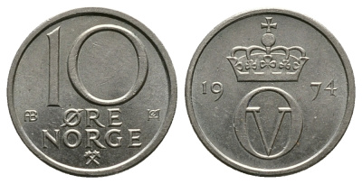 Норвегия 10 эре 1974 Улаф V (1958-1991) KM 416 медно-никель 89-1513