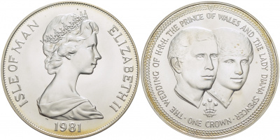 Остров Мэн 1 крона 1981 Королевская свадьба принца Чарльза и леди Дианы, портреты KM 82a серебро UNC 01-143-45