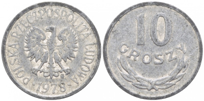 ПОЛЬША 10 ГРОШЕЙ 1978 MW KM АА47 алюминий 112-1216