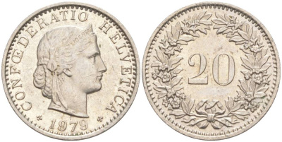 ШВЕЙЦАРИЯ 20 РАППЕНОВ 1979 KM 29a медно-никель 55-957