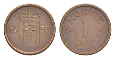 Норвегия 1 эре 1955 Хокон VII (1905-1957) KM 398 бронза 4632-1066