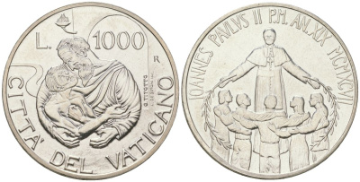 Ватикан 1000 лир 1997 19-й год правления Иоанна Павла II, Иоанн Павел II (1978-2005) KM 287 серебро UNC 1530-435
