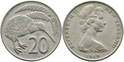 Новая Зеландия 20 центов 1969 Елизавета II (1952-2022), птичка киви KM 36.1 медно-никель 45-722
