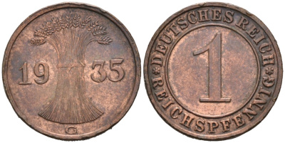 Германия 1 рейхспфенниг 1935 G KM 37, J. 313, Weege 2 бронза 46-817