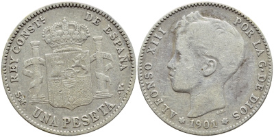 Испания 1 песета 1901 (01) SM-V, АЛЬФОНСО XIII (1886-1931) KM 706 (Y88) серебро 443-545