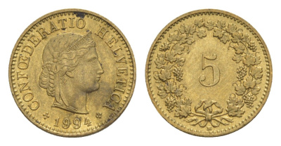Швейцария 5 раппенов 1994 B KM 26c алюминиевая бронза 4609-413
