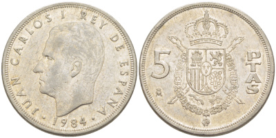 ИСПАНИЯ 5 ПЕСЕТ 1984 ХУАН КАРЛОС I ( 1975-) KM 823 медно-никель 216-653