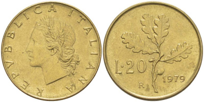 ИТАЛИЯ 20 ЛИР 1979 R, ДУБОВЫЕ ЛИСТЬЯ KM 97.2 алюминиевая бронза 4519-1057
