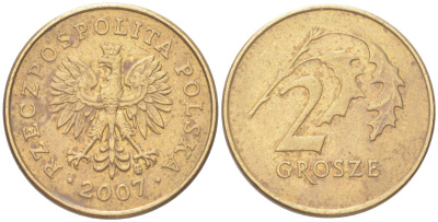 Польша 2 гроша 2007 Y 277 марганец латунь UNC 4614-263