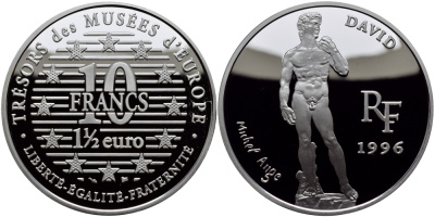 Франция 10 франков = 1 1/2 евро 1996 серия сокровища музеев Европы, Давид работы Микеланджело KM 1146 серебро PROOF  00-00