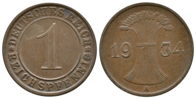 ГЕРМАНИЯ 1 РЕЙХСПФЕННИГ 1934 A KM 37, J. 313 бронза 4380-1253