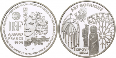 Франция 1 евро = 6,55957 франков 2000 готический стиль в архитектуре (XII-XVI веков) KM 1246 серебро PROOF 11-176-34
