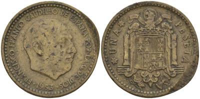 Испания 1 песета 1953 (56) Франсиско Франко (1939 - 1975) KM 775 алюминиевая бронза 4155-331