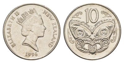 Новая Зеландия 10 центов 1996 Елизавета II (1952-2022), маска маори KM 61 медно-никель 4652-654