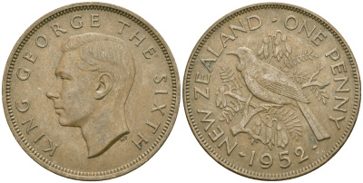 Новая Зеландия 1 пенни 1952 Георг VI (1936-1952), новозеландский туи KM 21 бронза 4542-1232