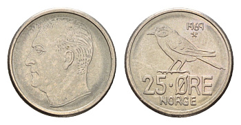 Норвегия 25 эре 1969 Улаф V (1957-1991) KM 407 медно-никель 4588-434