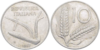 ИТАЛИЯ 10 ЛИР 1967 R, КОЛОСЬЯ, ПЛУГ KM 93 алюминий 4513-252