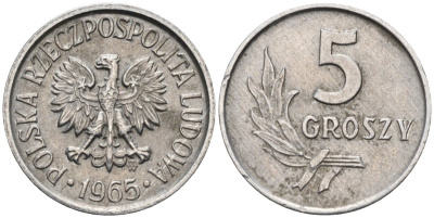 Польша 5 грошей 1965 MW, Народная Республика KM А46, Parchimowicz 204g алюминий 4580-548