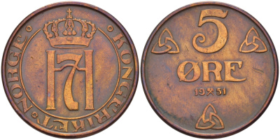 НОРВЕГИЯ 5 ЭРЕ 1951 ХОКОН VII (1905-1957) KM 368 бронза 32-1144