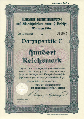 Германия 100 рейхсмарок 1931 Художественные фабрики Вюрцена и бисквитные фабрики, в частности, им. Ф. Критча, им. Вюрцена и др., фиолетовая, акция   бумага   8803-153-1