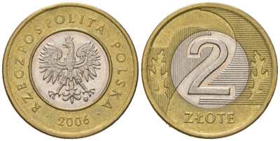 Польша 2 злотых 2006 самый редкий год выпуска KM 283 биметалл UNC 4566-353