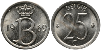 Бельгия 25 сантимов 1969 Belgie, Бодуэн I (1951-1993) KM 154.1 медно-никель 99-356