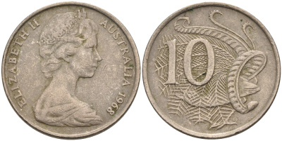 Австралия 10 центов 1968 Елизавета II (1952-), птица лирахвост KM 65 медно-никель 4566-452