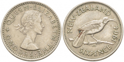 Новая Зеландия 6 пенсов 1964 Елизавета II (1952-2022), разноклювая гуйя KM 26.2 медно-никель 214-318