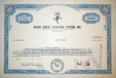США, BLACK ANGUS FRANCHISE SYSTEM, INC. 100 акций 1969 США бумага 00-00