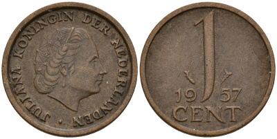 Нидерланды 1 цент 1957 Юлиана (1949-1980) KM 180 бронза    4598-167
