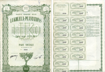 Бельгийское Конго 1 пай 1944 Акционерное Общество "Плантации Луколела", неполный купонный лист  бумага    5547-43-1-1