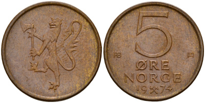 Норвегия 5 эре 1974 Улаф V (1958 - 1991) KM 415 бронза 4156-256