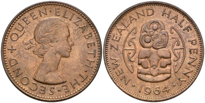 Новая Зеландия 1/2 пенни 1964 Елизавета II (1952-2022), божество Хей-Тики KM 23.2 бронза UNC 4119-916