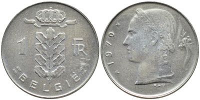 БЕЛЬГИЯ 1 ФРАНК 1970 BELGIE KM 143.1 медно-никель 4385-456