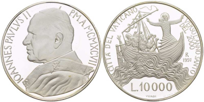 Ватикан 10000 лир 1997 Иоанн Павел II (1978-2005), успокоение Христом шторма на море KM 319 серебро  PROOF  1085-6-51