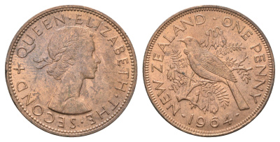 Новая Зеландия 1 пенни 1964 Елизавета II (1952-2022), новозеландский туи KM 24.2 бронза aUNC 4587-1141