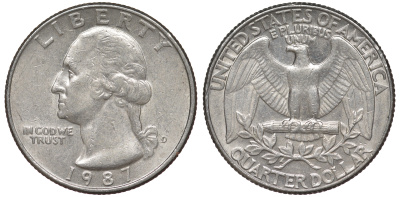 США 25 центов = квотер 1987 D, Вашингтон KM A164a медь плакированная медно-никелем 4543-942