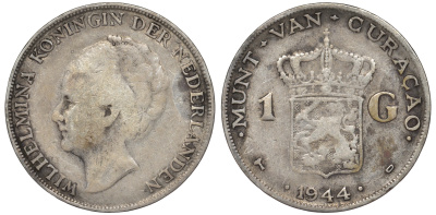 Нидерландское Кюрасао 1 гульден 1944 D, Вильгельмина (1890-1948) KM 45 серебро 36-234
