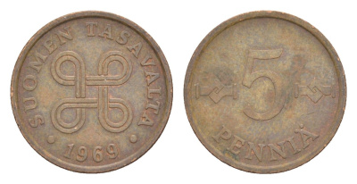 Финляндия 5 пенни 1969 KM 45 медь 4647-259
