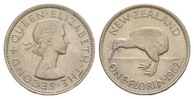 Новая Зеландия 1 флорин = 2 шиллинга 1962 Елизавета II (1952-2022), птичка киви KM 28.2 медно-никель UNC 4650-814