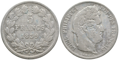 Франция 5 франков 1839 W, Луи Филипп I (1830-1848 )KM 749.13 серебро 1066-6-52